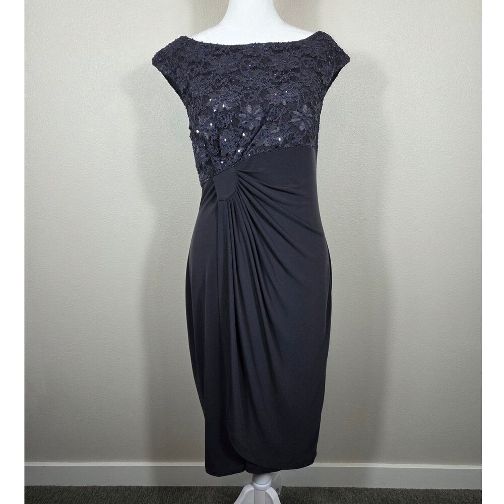 Dress Barn Collection Dark Gray Sequin Top Rouched Stretch Sheath Dress Size 8